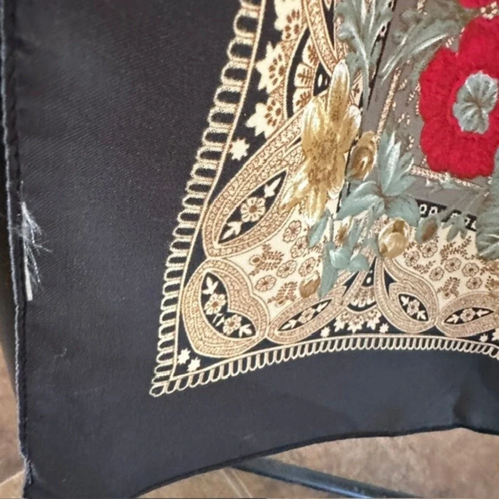 Vintage Floral Silk Paisley Square Scarf Black Gold Red 30 Inch Accessory‎